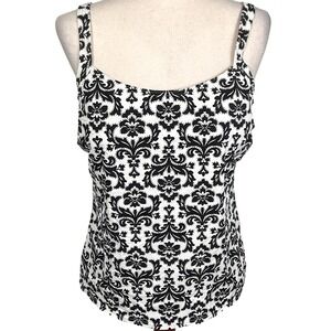 Lands'‎ End Tankini Swim Top Women 12 Black White Damask Pad Underwire Bra Beach